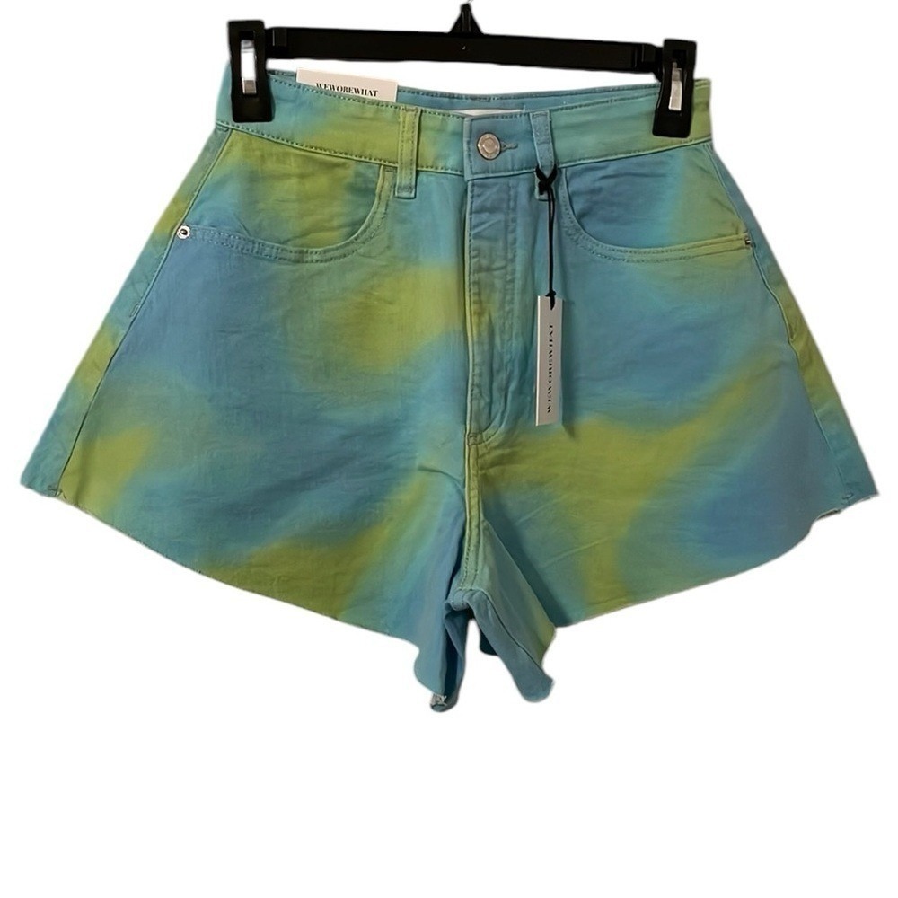 WeWoreWhat Women's Cosmic Blue Green Bell Flare Tie Dye Denim Shorts‎ Size 24